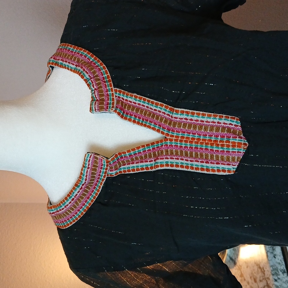 THML Boho Cotton Black Shirt Size L Metallic Embroidered Stripe Detail - Picture 3 of 10